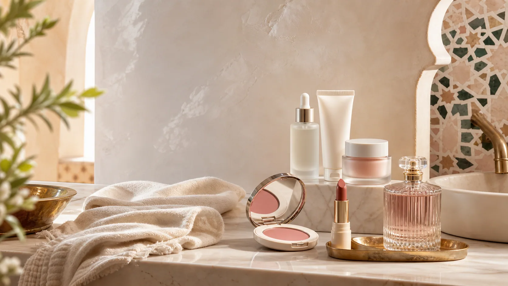 Elyoura beauty products arranged on a Moroccan vanity